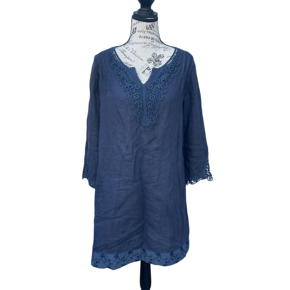 Carla Conti Blue Linen Shift Dress, Lace Detail, Size XS, EUC,